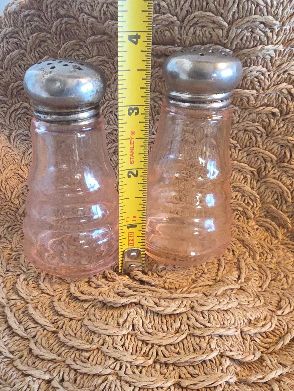Vintage 1930 Pink Depression Glass Ribbed Salt & Pepper Shakers With Metal Lids